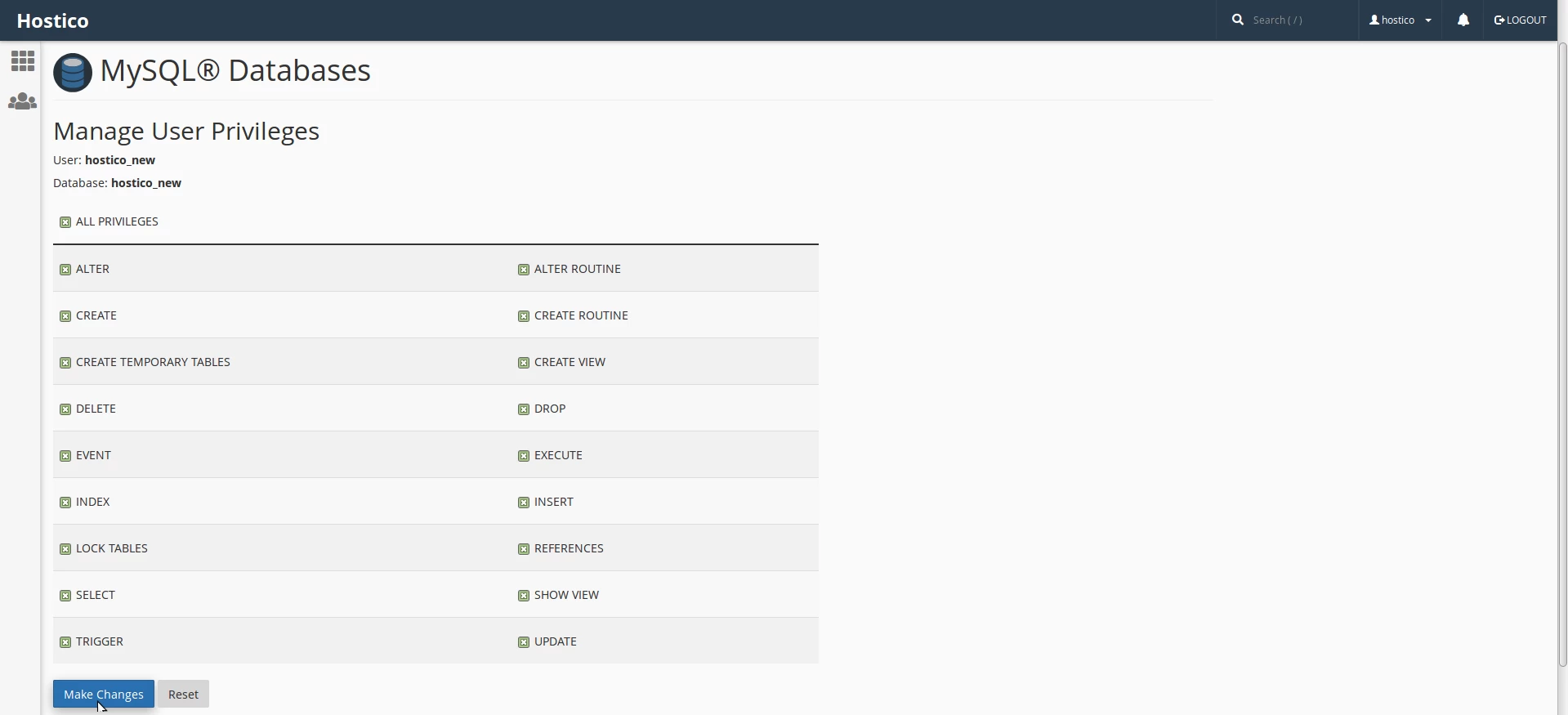Privilegi del database cPanel