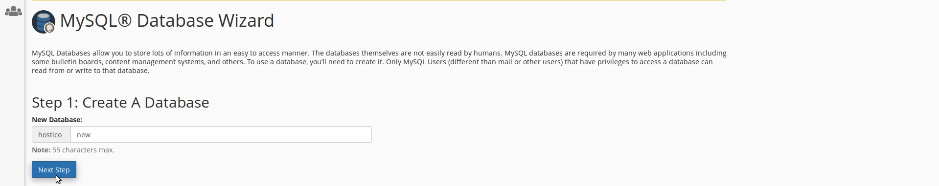 Creare new database wizard