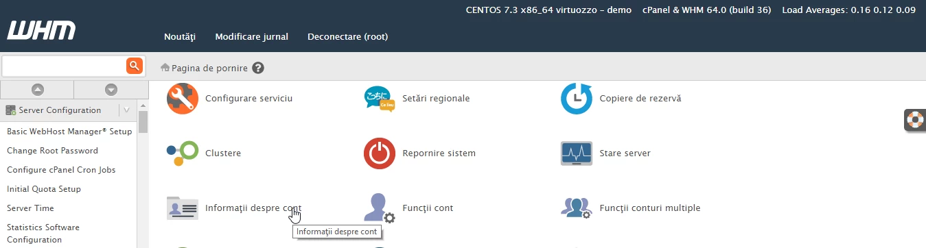 Informazioni sull'account WHM